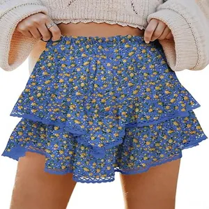 Bohemian blauer Minirock mit Blumenmuster, hoher Taille und Rüschen für den Sommer