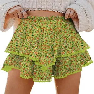 Böhmischer Minirock mit Blumenmuster, hoher Bund, Rüschen-Stufenrock für Damen Mode
