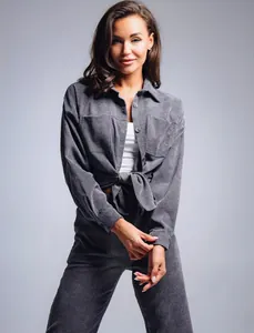 Retro gray corduroy shirt and trousers set for women featuring a knotted waist design