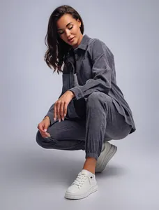 Vintage dark grey corduroy oversized shirt and matching jogger pants set for women style