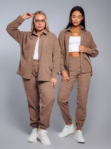 Women's plus size retro corduroy two-piece set featuring lapel shirt and jogger pants