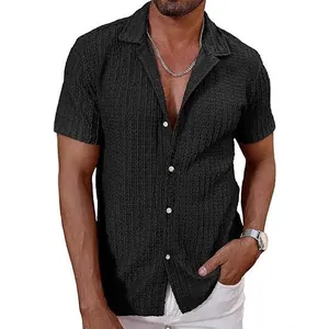 Camisa casual negra de manga corta para hombre, tejido de punto gofre transpirable