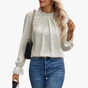 T-shirt Jacquard da Donna in Poliestere Slim Fit Girocollo Manica Lunga Swiss Dot Top con Volant Casual Elegante Abbigliamento Donna Primavera Autunno