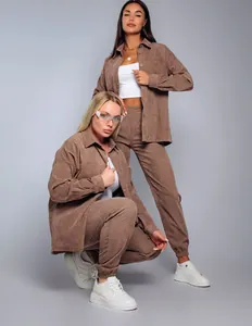 Vintage brown corduroy two-piece set for women featuring a button-up shirt and joggers