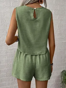 Back view of women's olive green sleeveless top and shorts casual two-piece set