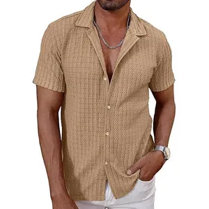 Elegante camisa de punto transpirable para hombre de manga corta con cuello de solapa caqui