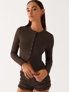 Slim fit dark brown long sleeve cropped button cardigan with ribbed texture for women