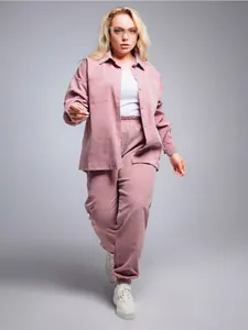 Retro oversized women's corduroy shirt and pants two-piece leisure set in dusty rose