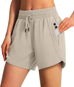 Detail view of women's 5-inch running shorts with functional zipper pocket for phone