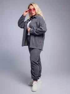 Women's plus size retro corduroy set with oversized lapel shirt and casual loose pants