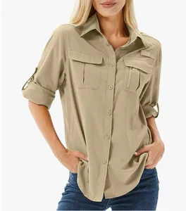 Women's khaki quick-dry outdoor hiking shirt with multiple pockets and roll-up sleeves