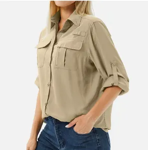 Detail view of khaki quick-dry outdoor shirt with multi-pockets and button-up sleeve tabs.