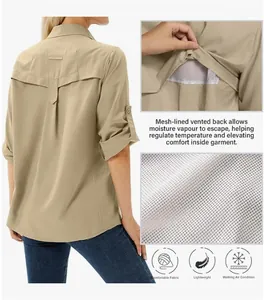 Detail view of breathable mesh-lined vented back on women's khaki outdoor shirt