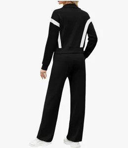 Rückansicht eines schwarz-weißen Damen-Sweatshirt-Sets, zweiteiliger Sportanzug