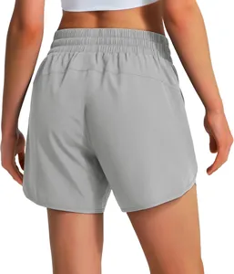 Back view of women's grey 5-inch quick-dry running gym shorts with elastic waist.
