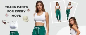 Detail collage of green high-waist track pants with white side stripes and drawstring.