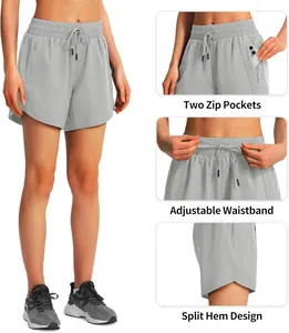 Detailed features of grey 5-inch athletic running shorts for women with functional zip pockets