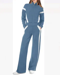 Damen-Trainingsanzug Blau mit weißen Streifen, Reißverschlussjacke und weitem Bein