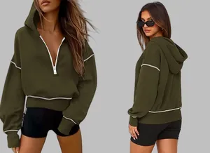 Detailed front and back view of women's olive green half-zip cropped hoodie sweatshirt