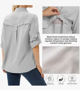 Detailed view of the breathable mesh-lined vented back on women's quick-dry outdoor shirt.