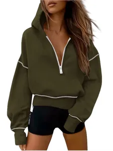 Women Cropped Half Zip Hoodie Contrast Stitching Long Sleeve Sweatshirt Polyester Spandex Hooded Pullover Top Casual Fall Fashion