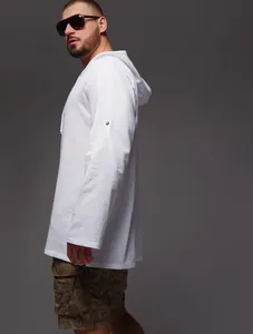 Chemise à capuche pour homme en coton et lin blanc pour la plage et les voyages d'été