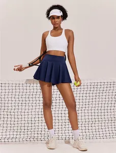 Geplooide marineblauwe tennisrok met hoge taille voor dames met binnenbroekje en zakken