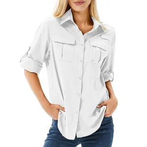 Detail view of women's white quick-dry outdoor shirt with multi-pocket design