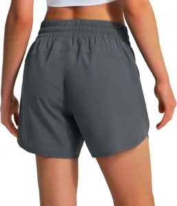 Detailed back view of women's 5-inch grey athletic running shorts with elastic waistband