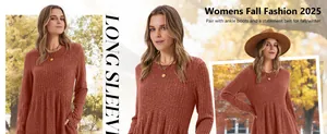 Close-up detail of women's rust ribbed long sleeve dress for 2025 fall fashion