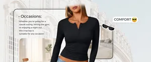 Close-up of black ribbed long-sleeve crop top with button neckline detail