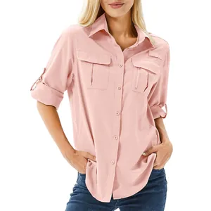 Detail view of a pink women's quick-dry stretch outdoor shirt with multi-pockets.