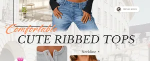 Close-up of comfortable ribbed knit top featuring a stylish button neckline detail.
