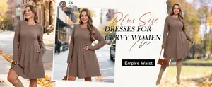 Plus size brown ribbed empire waist dress for curvy women shown in autumn street setting.