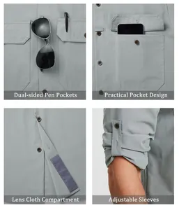 Vistas detalladas de bolsillos, compartimento para paño de lentes y mangas ajustables de camisa