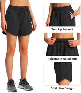 Detailed view of the zip pockets and adjustable waistband on black running shorts.