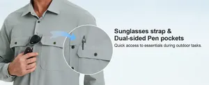 Detalle de la tira para gafas de sol y bolsillos para bolígrafos en camisa táctica gris