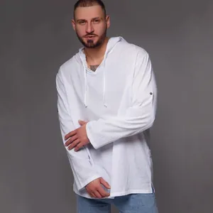 Chemise à Capuche à Manches Longues en Poliestere pour Hommes Casual Couleur Unie Col en V à Lacets Haut de Plage Protection Solaire