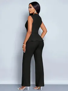 Back view of elegant black sleeveless peplum top and wide-leg trousers two-piece set for women