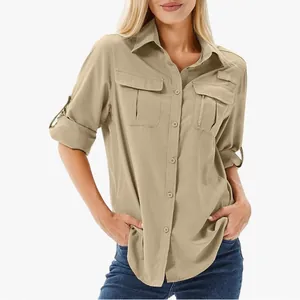 Women's Outdoor Quick Dry Hiking Shirt Polyester Spandex UV Protection Multi Pocket Breathable Roll Up Sleeve Top