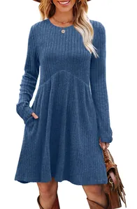 Elegant bohemian blue ribbed long sleeve crew neck dress with functional pockets