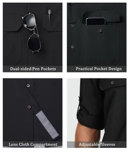 Detalles de camisa táctica negra para hombre con bolsillos funcionales y mangas ajustables