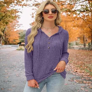 Sweat à capuche en maille côtelée violette à manches longues pour la mode d'automne