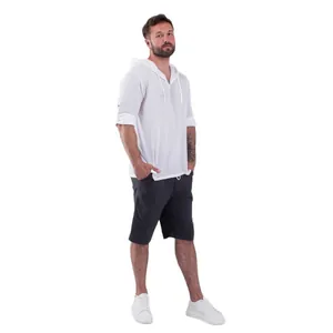 Chemise à capuche en coton et lin blanc pour homme, style décontracté