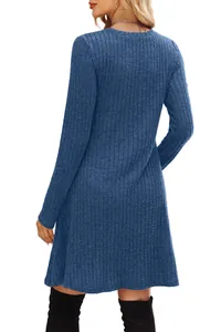 Back view of a blue ribbed long sleeve autumn dress showing soft brushed texture