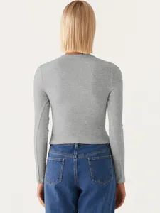 Professional back view of a grey slim-fit ribbed long-sleeve cropped top on a model