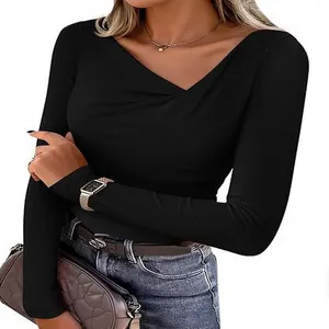 Detailed view of women's slim-fit long-sleeve T-shirt with irregular V-neckline