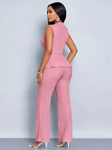Elegant pink two-piece set with sleeveless peplum top and wide-leg trousers