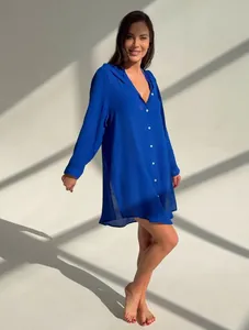 Élégante chemise de plage bleu roi à manches longues pour femmes, style vacances d'été