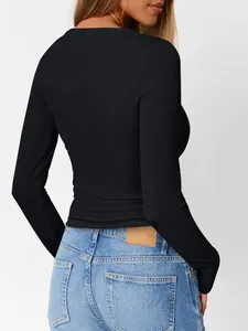 Rear view detail of a slim fit black ribbed long-sleeve knit top for women